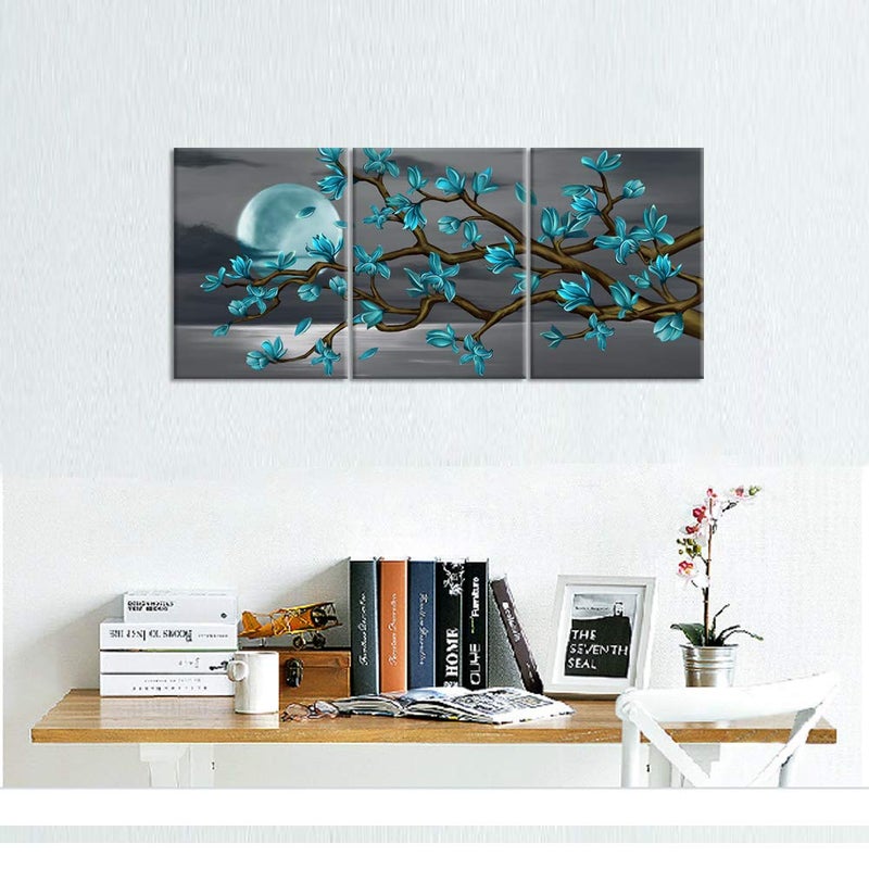 Visual Art Decor Turquoise Flowers Wall Art Teal Magnolia Full Moon Sea Seascape Canvas Prints, Framed Art, Turquoise Bedroom Living Room Home Office Decoration 3 Pieces - Image 2